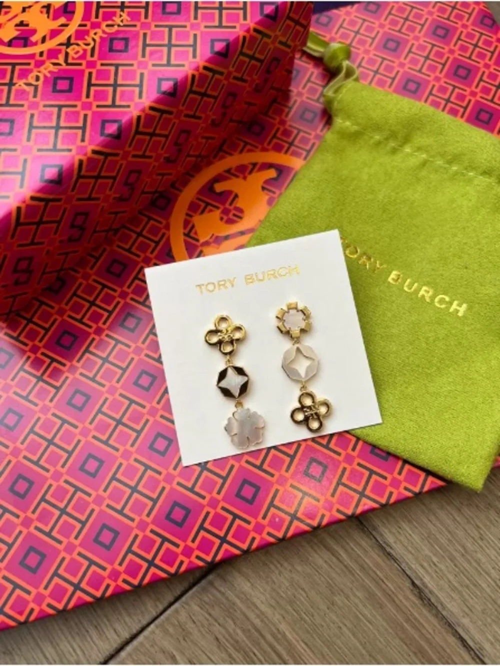 Tory Burch Pink and Gold Tiered Floral Drop Earrings